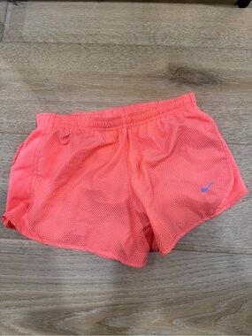 Nike Women’s Neon Coral Mesh Athletic Shorts with Blue Swoosh